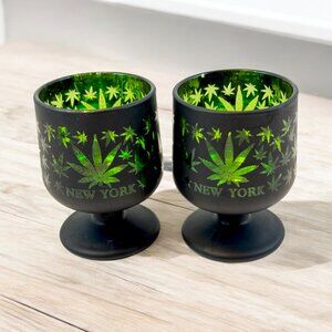 New York Bar Shot Glasses Black and Green Glass Cannabis Theme Souvenir